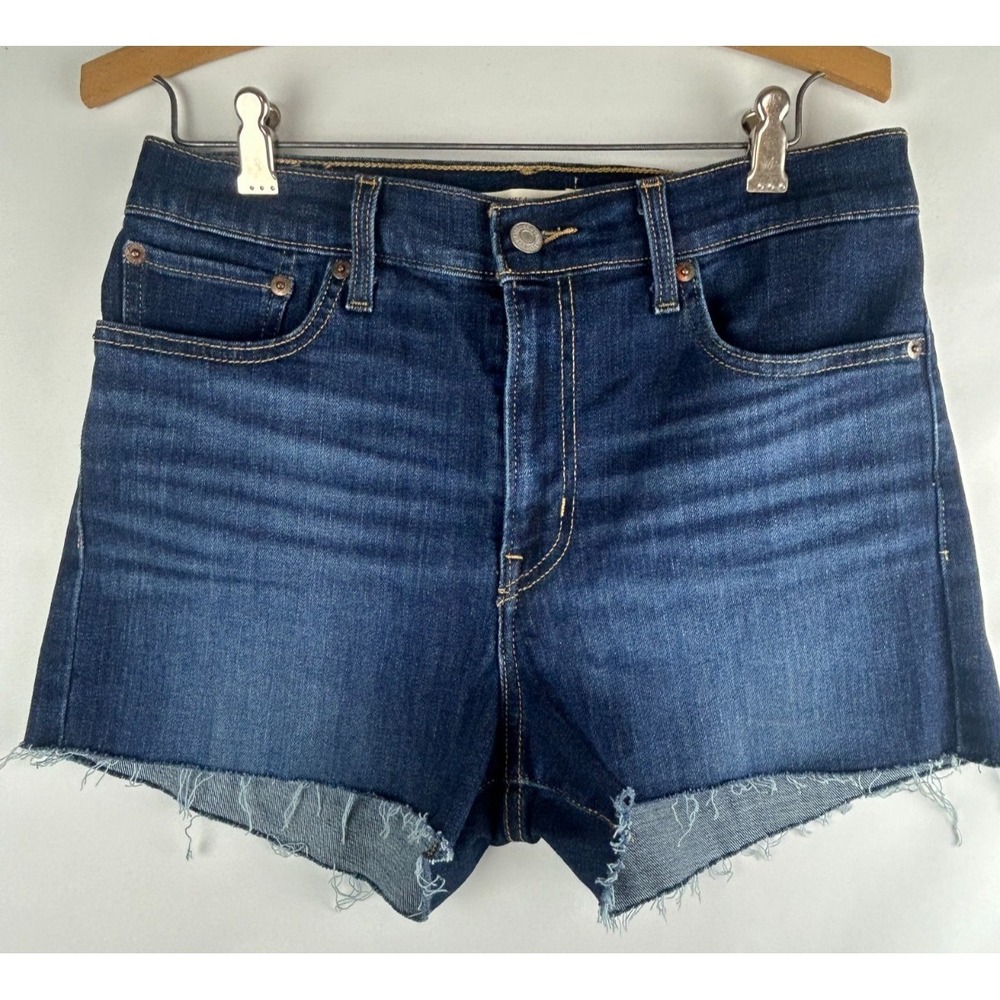 LEVI'S High Rise Shorts Womens Sz 29  Blue Dark Wash Raw Hem Stretch Denim
